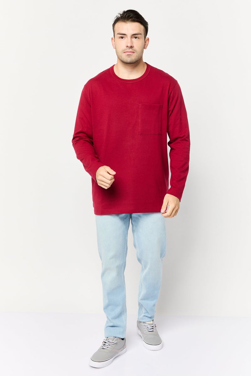 Celio Men Crew Neck Long Sleeves Solid T-shirt, Dark Red - Image 2